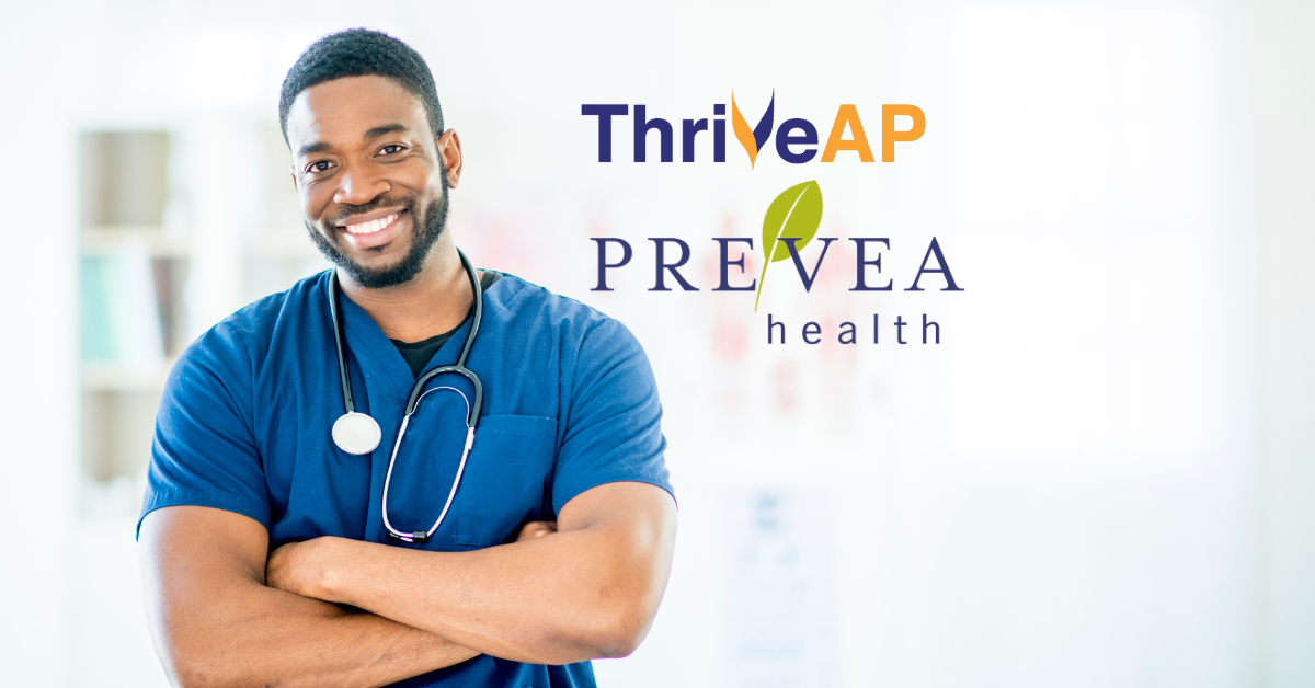 Male Physician Assistant Smiling with ThriveAP and Prevea Health Logos