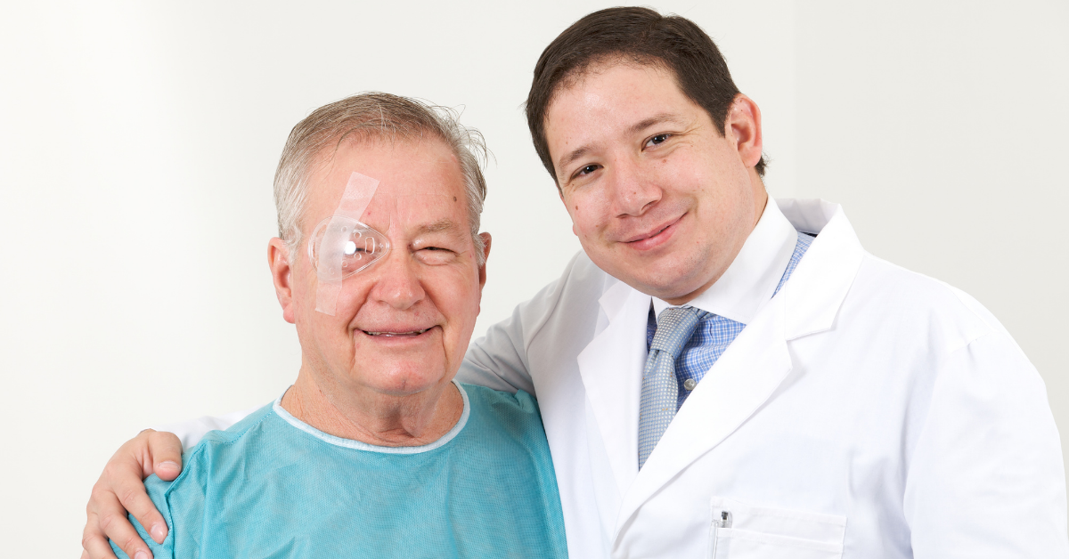 eye injury patient with eye patch and doctor